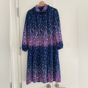 True Vintage 1980s floral midi tea 3/4 sleeve dress blue purple